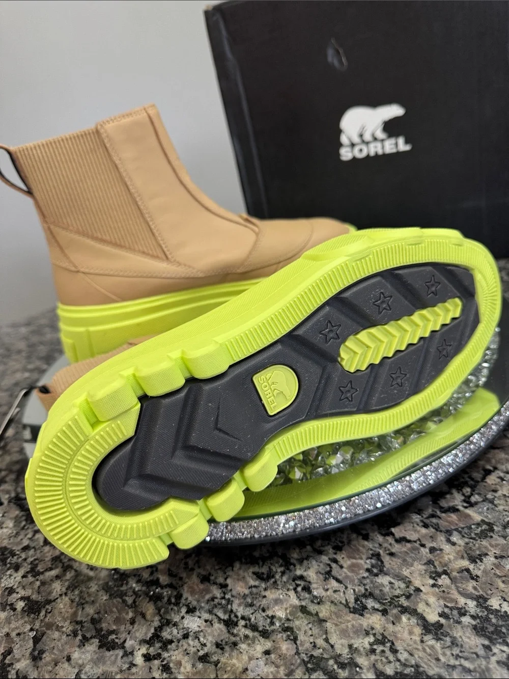 Sorel Women's Tan Chelsea Platform Boot with Neon Yellow Sole